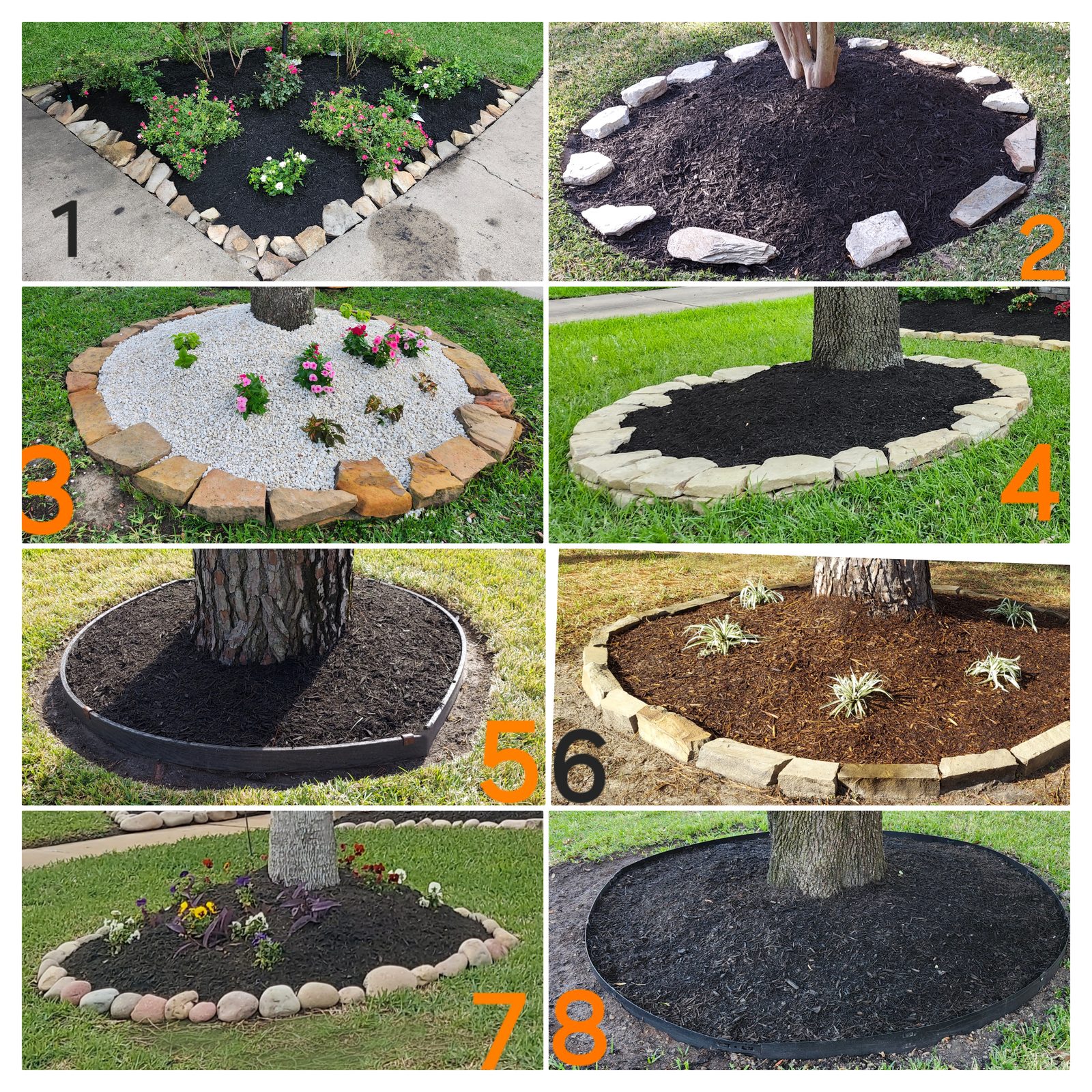 Collage of eight numbered photos, 1 to 8, of finished tree rings and flower beds with stone, paver and metal borders